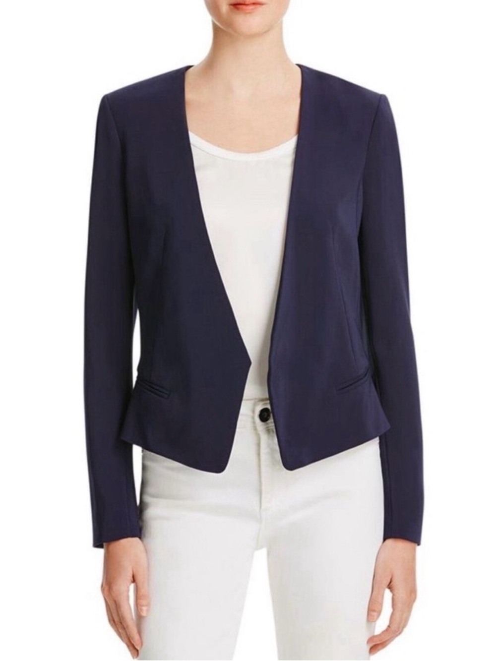 Rebecca Taylor Navy Blue Open Front Tailored Blazer with Orange Trim